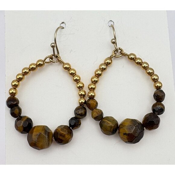 Brown Faux Tiger Eye Beaded Dangle Earrings Retro Teardrop Earth Tones - Picture 5 of 6
